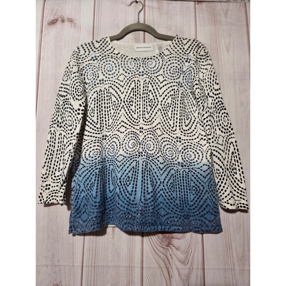 Alfred Dunner Womens Blue Ombre Sequin Geometric Dot Knit Top Sweater Small